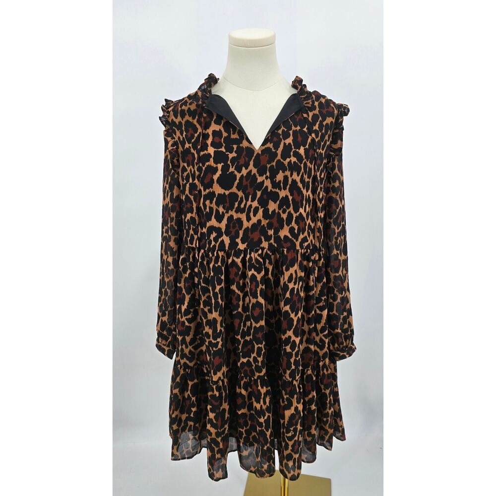 J Crew Tie Neck Tierd Dress in Leopard Crinkle Chiffon